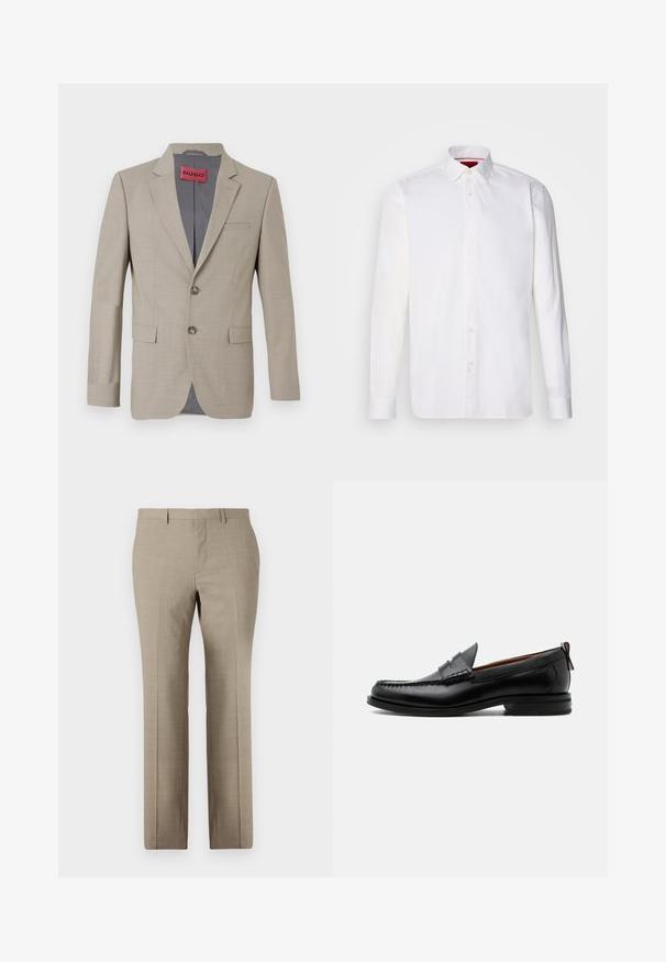 Beige blazer med to knapper, spidse lapels og en enkelt brystlomme. Foret med gråt stof. Subtil vævet tekstur.; Hvid langærmet skjorte lavet af bomuld, med en klassisk krave, frontplacket med knapper og en glat tekstur. Rød detalje på den indre krave.; Beige skræddersyede bukser med en glat tekstur, lige ben, subtilt ternet mønster og flad front. To baglommer inkluderet.; Sort læder herre loafer med moc-tå syning, penny strop, struktureret krave og lav stablet hæl på hvid baggrund.