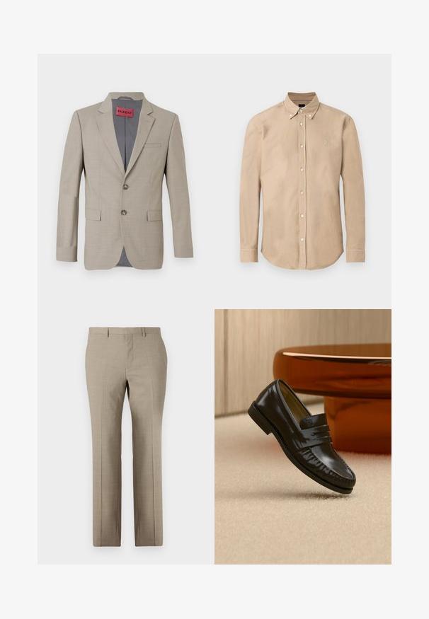 Blazer beige à deux boutons, avec des revers crantés et une poche poitrine unique. Doublé en tissu gris. Texture tissée subtile.; Chemise beige à manches longues avec boutons sur le devant, col boutonné et petit logo brodé sur le côté gauche de la poitrine.; Pantalons beige sur mesure avec une texture lisse, design à jambe droite, motif à carreaux subtil et devant plat. Deux poches arrière incluses.; Mocassin en cuir noir brillant avec un détail de bride, posé sur un tapis beige près d'une table basse ronde en bois brun dans une pièce doucement éclairée.