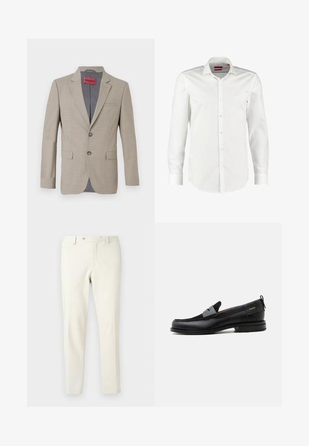 Beige blazer met twee knopen, met opstaande revers en een enkele borstzak. Gevoerd met grijze stof. Fijne geweven textuur.; Witte langarm overhemden gemaakt van een gladde katoenen stof. Heeft een klassieke kraag, een schone voorflap en knoopsluitingen bij de mouwen.; Lichtbeige broek gemaakt van gladde stof. Heeft een ritssluiting aan de voorkant, knoopsluiting en schuine zijzakken met een slim fit ontwerp.; Zwarte leren loafer met grijs riemdetailelement, lage hak en gestructureerde zool, aan de zijkant gebrandmerkt met "HUGO" in goud.