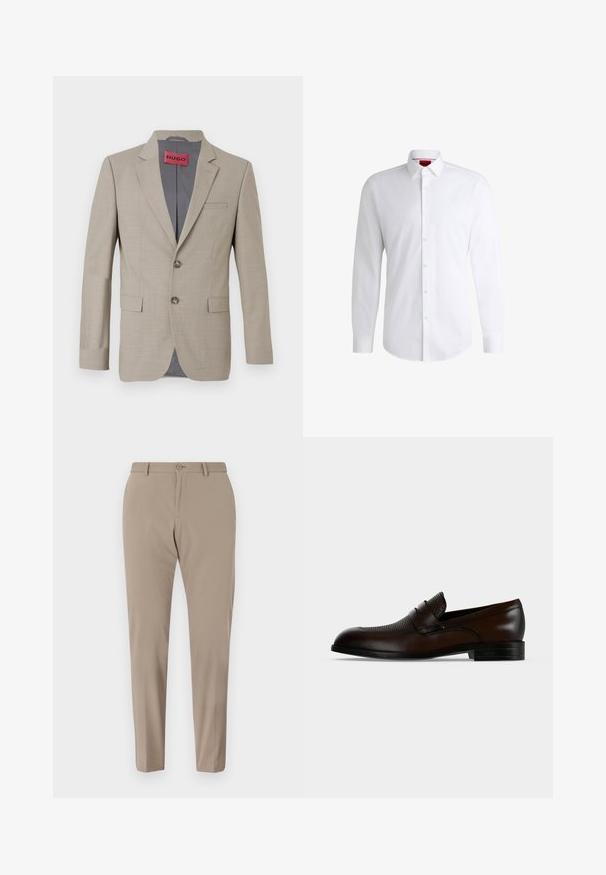 Bežový blazer so strednými gombíkmi, výstrihom s klopami a jedným vreckom na hrudi. Podšitý sivou látkou. Jemná tkaná textúra.; Biela košeľa na gombíky vyrobená z hladkej látky s klasickým golierom, dlhými rukávmi a zaobleným lemom. Má béžové gombíky na prednej strane.; Béžové nohavice na mieru s hladkou textúrou, slim fit, a predným zapínaním na gombík. Žiadne viditeľné vzory ani ozdoby.; Tmavohnedý kožený pánsky mokasín s textúrovaným zvrškom a nízkym čiernym podpätkom na jednoliatom svetlošedom pozadí.