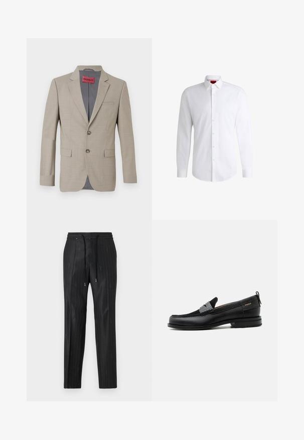 Blazer beige con dos botones, solapas de muesca y un solo bolsillo en el pecho. Forrado con tela gris. Sutil textura tejida.; Camisa blanca de botones, confeccionada en tela suave, con collar clásico, mangas largas y dobladillo curvado. Presenta botones beige en la parte delantera.; Pantalones negros de rayas finas hechos de una tela elegante, con una cómoda cinturilla elástica y detalles de cordón. Presentan un discreto logotipo.; Mocasín de cuero negro con detalle de tira gris, tacón bajo y suela texturizada, con la marca "HUGO" en oro en el lateral.