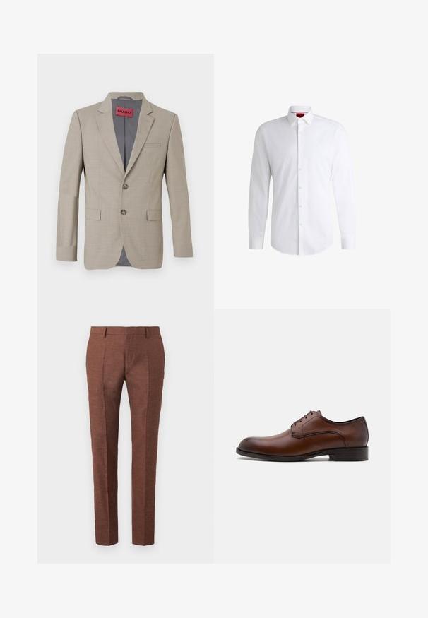 Blazer beige con dos botones, solapas de muesca y un solo bolsillo en el pecho. Forrado con tela gris. Sutil textura tejida.; Camisa blanca de botones, confeccionada en tela suave, con collar clásico, mangas largas y dobladillo curvado. Presenta botones beige en la parte delantera.; Pantalones de lino marrones con un acabado texturado, presentan un diseño de corte slim, pliegues frontales cosidos y dos bolsillos laterales.; Zapato de vestir de cuero marrón con un diseño elegante, punta redonda, cierre de cordones de cinco ojetes y un tacón bajo apilado. Presenta costuras sutiles.