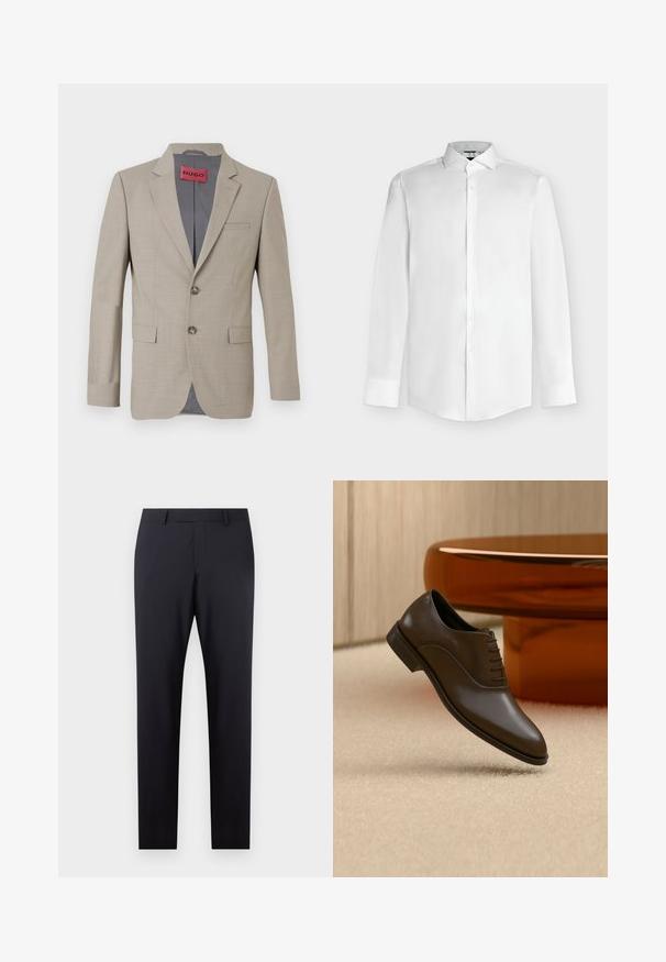 Blazer beige con dos botones, solapas de muesca y un solo bolsillo en el pecho. Forrado con tela gris. Sutil textura tejida.; Camisa blanca de manga larga, con cuello puntiagudo y cierre frontal de botones sobre un fondo gris claro.; Pantalones oscuros de navy ajustados, con un frente plano, corte slim, bolsillos laterales y una textura suave; sin patrones o adornos visibles.; Zapato marrón de cuero con cordones, flotando sobre una alfombra beige, con una mesa redonda de color ámbar en el fondo.
