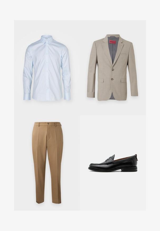 Blazer beige con dos botones, solapas de muesca y un solo bolsillo en el pecho. Forrado con tela gris. Sutil textura tejida.; Camisa de manga larga azul clara con un cuello clásico, delantero abotonado y botones en contraste; hecha de una tela suave con un acabado nítido.; Pantalones marrones a medida con corte recto, pinzas simples, trabillas para cinturón y cierre frontal con botón. Tela suave con una textura mate.; Mocasín de hombre de piel negra con costura moc toe, tira penny, cuello texturizado y tacón bajo apilado sobre fondo blanco.