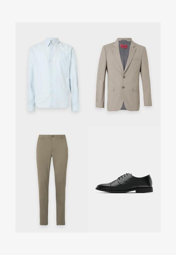 Bežový blazer so strednými gombíkmi, výstrihom s klopami a jedným vreckom na hrudi. Podšitý sivou látkou. Jemná tkaná textúra.; Svetlo modrá košeľa na gombíky s bielymi vertikálnymi pruhmi, klasický golier, dlhé rukávy a dva gombíkové akcenty na rukávoch.; Khaki slim-fit nohavice vyrobené z jemnej, hladkej textílie s plochým predným dielom, pútkami na opasok a jedným gombíkom na uzavretie v páse.; Čierne kožené spoločenské topánky s okrúhlou špičkou, šnurovací dizajn, jemné prešívanie a nízky podpätok. Hladká štruktúra s lesklým povrchom.