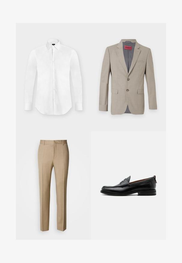 Beige blazer med to knapper, spidse lapels og en enkelt brystlomme. Foret med gråt stof. Subtil vævet tekstur.; Hvid langærmet skjorte med knapper og spidst krave, lagt fladt på en lysegrå baggrund.; Beige skræddersyede bukser i tekstureret stof med flad front og lige ben. Har sidelommer og bæltestropper, der giver et poleret udtryk.; Sort læder herre loafer med moc-tå syning, penny strop, struktureret krave og lav stablet hæl på hvid baggrund.