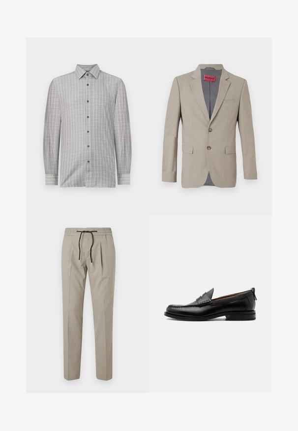 Blazer beige con dos botones, solapas de muesca y un solo bolsillo en el pecho. Forrado con tela gris. Sutil textura tejida.; Camisa de manga larga para hombre en gris claro, con un patrón de cuadrícula y acentos oscuros, tapeta de botones y un collar clásico. Textura textil suave.; Pantalones de color beige claro con un corte ajustado, cinturilla elástica y cordón negro. El material presenta una textura sutil y detalles de pliegues.; Mocasín de hombre de piel negra con costura moc toe, tira penny, cuello texturizado y tacón bajo apilado sobre fondo blanco.