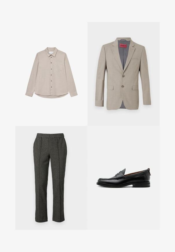 Beige Blazer mit zwei Knöpfen, mit Reverskragen und einer einzelnen Brusttasche. Mit grauem Stoff gefüttert. Subtile gewebte Struktur.; Braun- und beige kariertes Langarmhemd mit Button-Down-Kragen, Brusttasche und braunen Knöpfen, mit abgerundetem Saum.; Graue maßgeschneiderte Hose aus strukturiertem Stoff, mit elastischem Bund, geraden Beinen und Falten in der Vorderseite.; Schwarzer Leder-Herrenschuh mit Mokassinnaht, Penny-Riemen, strukturiertem Kragen und niedrigem gestapeltem Absatz auf weißem Hintergrund.