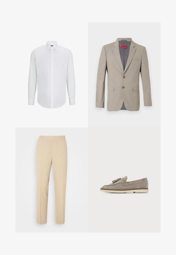 Blazer beige à deux boutons, avec des revers crantés et une poche poitrine unique. Doublé en tissu gris. Texture tissée subtile.; Chemise blanche à manches longues en tissu lisse, avec un col standard, une fermeture à boutons à l'avant et un ourlet arrondi. Pas de motifs ni d'accents visibles.; Pantalons beige ajustés avec une coupe droite, fabriqués en tissu léger, dotés de deux poches avant et de plis bien repassés.; Mocassin homme en daim marron clair avec détail pompon et semelle en caoutchouc crème, vue de côté sur fond uni.