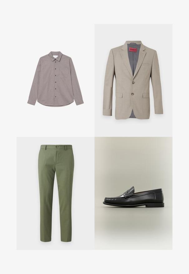 Beige blazer med to knapper, spidse lapels og en enkelt brystlomme. Foret med gråt stof. Subtil vævet tekstur.; Langærmet skjorte med knaplukning i brune og beige tern. Har en krave, en brystlomme og sorte knapper langs fronten.; Grønne bukser lavet af struktureret stof, med slim fit, lige ben og knaplukning foran. Velegnede til afslappet eller formelt brug.; Sort læder herresko med moc-toe-design, penny-rem og lav hæl på en neutral baggrund.