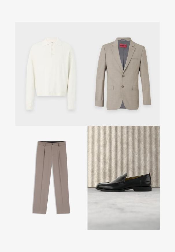 Beige blazer med to knapper, spidse lapels og en enkelt brystlomme. Foret med gråt stof. Subtil vævet tekstur.; Hvid pullover sweater med krave, tre knapper foran og ribbede manchetter og kant. Blødt, struktureret stof med en afslappet pasform.; Lysebrune herrebukser med bæltestropper, plisseringer, knaplukning foran og lynlås, lagt fladt på en hvid baggrund.; Sort læder herreloafer med krokodillepræget forstykke og lav hæl, vist i profil på en neutral baggrund.