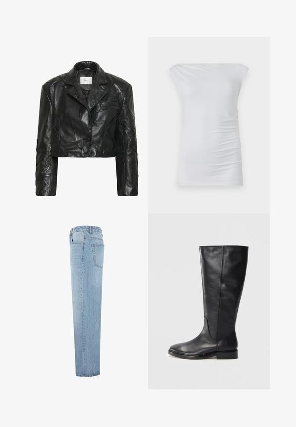 Skåret sort læderjakke med en struktureret, rynket finish, notch-krave, enkelt knaplukning og en brystlomme.; Hvid off-the-shoulder top lavet af blødt stof; har et tætsiddende design med diskret side-frynse og glat tekstur.; Lysblå straight-leg denim jeans med høj talje og synlig baglomme, vist fra siden mod en hvid baggrund.; Sorte læderknæstøvler med lav hæl og rund tå, der viser syninger langs skaftet og vampen.