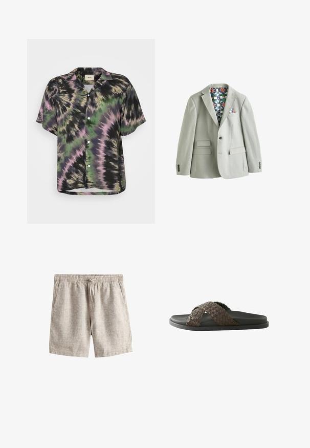 Blazer gris clair avec revers en pic, deux poches avant, fermeture à un bouton et doublure à motifs bleus, verts et oranges.; Chemise à manches courtes à boutons avec un motif tie-dye noir, vert et rose. Elle présente une coupe décontractée et un col classique. Tissu léger.; Short en lin beige clair avec taille élastique et cordon, doté de poches latérales et d'une coupe décontractée.; Sandale pour homme à enfiler avec semelle noire et brides croisées en cuir tressé marron.