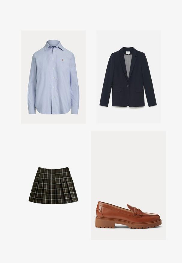 Mørkeblå blazer med skræddersyet pasform, reverskrave, enkelt knaplukning, to forreste lommer og en glat stofstruktur.; Lyseblå skjorte med lange ærmer og knapper, med spids krave og lille broderet logo på venstre bryst.; Rutet miniskørt i mørkegrøn og rød med plisseret design og en glat overflade. Lavet af stof med en blød finish.; Brune læder loafers med kraftig gummisål og lav hæl, med en syning detalje over toppen.