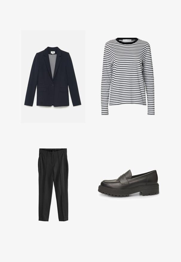 Mørkeblå blazer med skræddersyet pasform, reverskrave, enkelt knaplukning, to forreste lommer og en glat stofstruktur.; Hvid langærmet skjorte med sorte vandrette striber og en sort rund hals, vist på en ensartet hvid baggrund.; Sorte bukser med en glat tekstur, udstyret med lommer med lynlås foran og udtryksfulde folder. Minimalistisk design med en skræddersyet pasform.; Sorte læder loafers med rund tå, fremtrædende syninger og en ribbede gummisål for forbedret traction. Klassisk slip-on design.