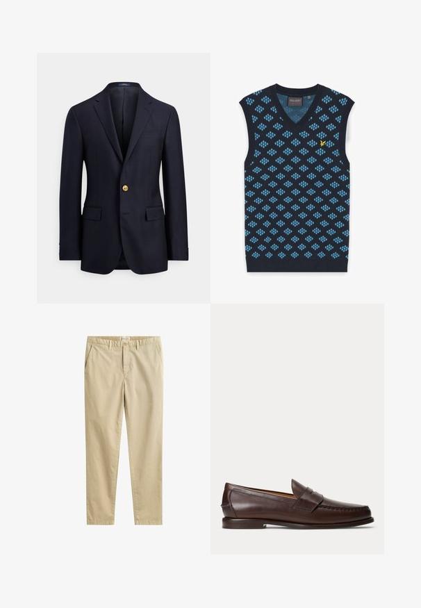 Marineblauwe blazer gemaakt van gladde stof, met twee voorzakken, inkeping revers en een sluiting met een gouden knoop. Ongevoerd interieur met een minimalistisch ontwerp.; Marineblauw mouwloos gebreid vest met lichtblauw ruitpatroon, V-hals, geribbelde randen en een klein geel geborduurd vogellogo op de borst.; Beige katoenen broek met rechte pijpen, voorzien van riemlussen, zijzakken, knoopsluiting en een GANT-merklipje aan de binnenkant van de tailleband.; Donkerbruine leren penny loafer met stikseldetails en lage gestapelde hak, van opzij gezien op een effen achtergrond.