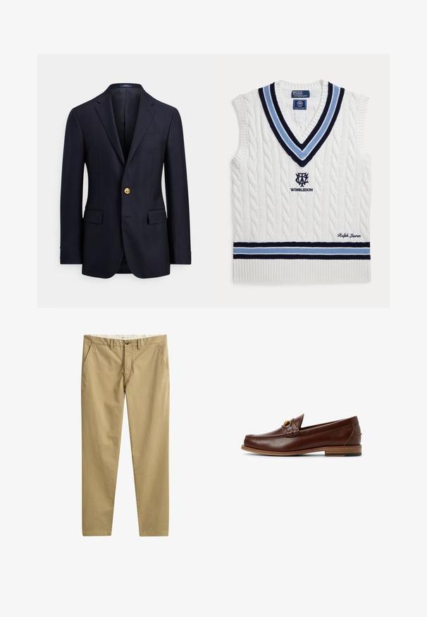 Blazer azul marino de tela suave, con dos bolsillos delanteros, solapas con muesca y cierre con botón dorado. Interior sin forro con un diseño minimalista.; Chaleco sin mangas blanco de punto trenzado con rayas azules y negras, logo de Wimbledon y bordado de Ralph Lauren.; Pantalones casuales beige de pierna recta con bolsillos laterales, trabillas para cinturón, cierre de botón y cremallera, fabricados por la marca GANT.; Mocasines de cuero marrón con un detalle trenzado y un acento dorado. Tacón plano de madera con agarre de goma negra. Textura suave, diseño clásico.