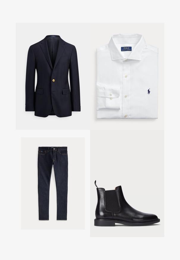 Marineblå blazer lavet af glat stof med to forlommer, hakkede revers og lukning med en guldknap. Uforet inderside med et minimalistisk design.; Hvid skjorte med lange ærmer, foldet med knappede manchetter, en klassisk krave og Polo Ralph Lauren-logo broderet i blåt på brystet.; Mørkeblå denimjeans med slim fit, som har fem lommer, gule sømme og en knaplukning i taljen. Glat tekstur.; Sort læder Chelsea støvle med elastiske sidelæg, tekstureret overflade, rund tå og en lav stablet hæl. Har en grebsløkke for nem påtagning.
