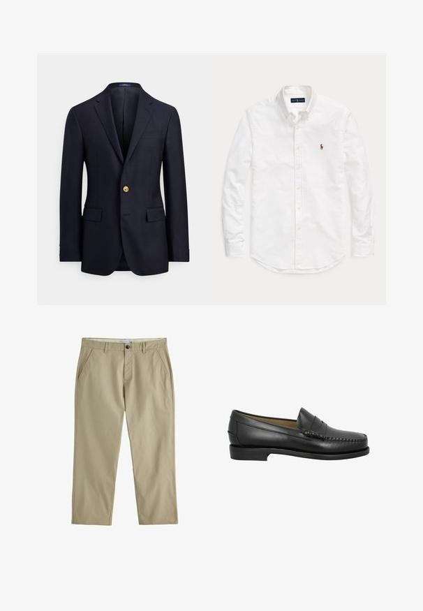 Marineblå blazer lavet af glat stof med to forlommer, hakkede revers og lukning med en guldknap. Uforet inderside med et minimalistisk design.; Hvid skjorte med lange ærmer, knapper og krave med lille broderet logo på venstre bryst, lagt fladt på ensfarvet baggrund.; Beige bukser med lige ben, bæltestropper, skrå forlommer og enkelt knaplukning i taljen.; Sorte læder loafersko med en rund tå, dekorativ syning og en lav, flad sål. Glat tekstur, minimalistisk design uden udsmykninger.