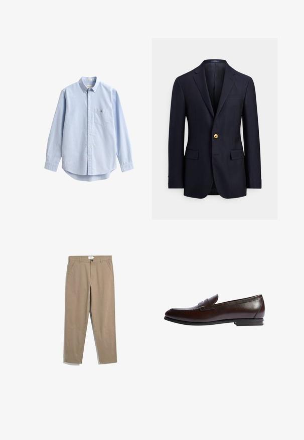 Blazer bleu marine en tissu lisse, doté de deux poches avant, de revers crantés, et d'une fermeture à boutons dorés. Intérieur non doublé avec un design minimaliste.; Chemise bleu clair en coton avec boutons. Elle comporte une poche poitrine, des manches longues et un col classique. Texture lisse avec un ourlet arrondi.; Farah NORWOOD - Pantalon classique - beige; Scarosso RENATO - Chaussons - brown calf