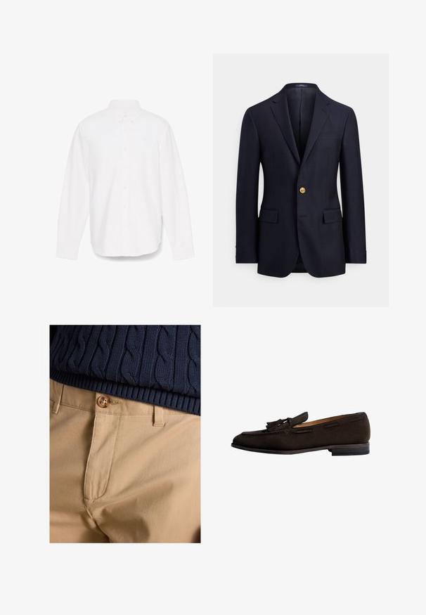 Marineblå blazer lavet af glat stof med to forlommer, hakkede revers og lukning med en guldknap. Uforet inderside med et minimalistisk design.; Hvid langærmet skjorte med knapper og spidse kraver, enkelt lomme og subtilt tekstureret stof. Har knapmanchetter og lige kant.; Nærbillede af beige bukser med knaplukning kombineret med navyblå kabelstrikket sweaterkant.; Brune ruskinds loafers med frynse detaljer, rund tå, læderforing og en stablet hæl. Udstyret med tonal syning og sidelufter.