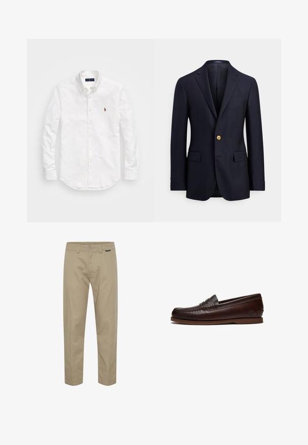 Marineblå blazer lavet af glat stof med to forlommer, hakkede revers og lukning med en guldknap. Uforet inderside med et minimalistisk design.; Hvid skjorte med knapper lavet af bomuld, med lange ærmer, en buet bund og et lille broderet logo på brystet.; Khaki chinos lavet af bomuld, med lige pasform, bæltestropper, frontlommer og en minimalistisk logoaccent nær taljen.; Brun læder penny loafer med moc tå-syning, lav flad hæl og præget logo på hælkappen.