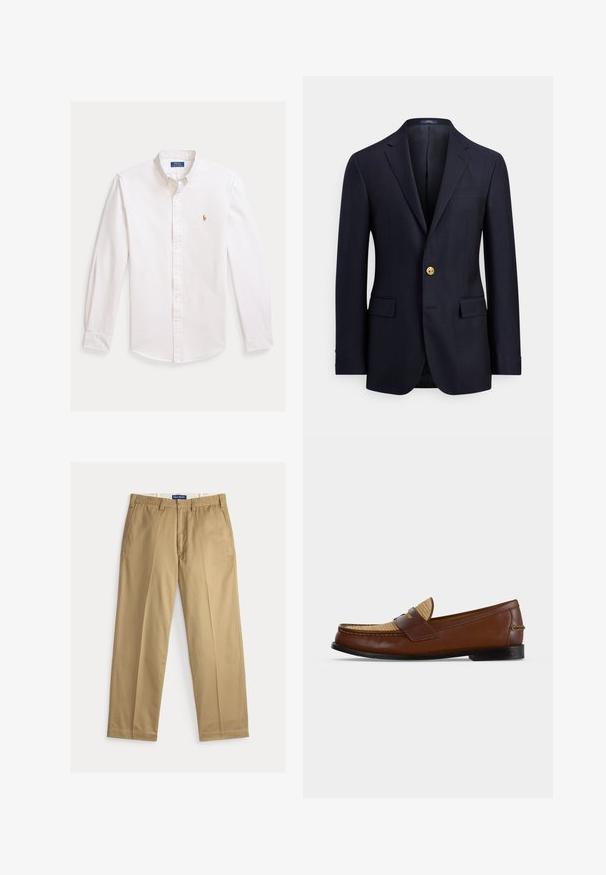 Marineblazer aus glattem Stoff mit zwei Fronttaschen, gekerbtem Revers und goldener Knopfleiste. Innenfutterloses Design mit minimalistischem Stil.; Weißes Hemd mit Knopfleiste, hellen Streifen, langen Ärmeln, spitzem Kragen und gesticktem Logo auf der Brust. Baumwollmaterial, glatte Textur.; Beige Chinos aus Baumwollstoff. Gerade geschnitten mit flacher Vorderseite, zwei Seitentaschen und einem Bund mit Knopfverschluss.; Brauner Herren-Lederschuh mit gewebtem beigen Obermaterial und schwarzer Sohle, seitlich auf weißem Hintergrund dargestellt.