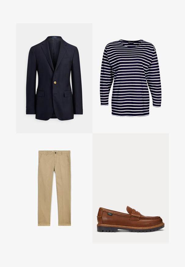 Marineblå blazer lavet af glat stof med to forlommer, hakkede revers og lukning med en guldknap. Uforet inderside med et minimalistisk design.; Armor lux BEG MEIL MARINIÈRE - Langærmet T-shirt - navire/blanc; Beige bukser med lige ben, bæltestropper, forreste knap, lynlås og sidelommer, vist på en hvid baggrund.; Brun læderloafer med syninger, robust sort sål og lille "Polo" mærkat på siden.