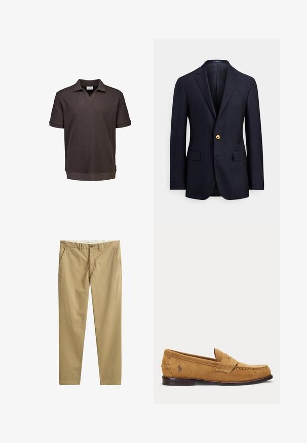 Blazer bleu marine en tissu lisse, doté de deux poches avant, de revers crantés, et d'une fermeture à boutons dorés. Intérieur non doublé avec un design minimaliste.; Polo à manches courtes de couleur marron foncé avec un col en V et un tissu légèrement texturé, présenté sur un fond blanc.; Pantalon beige décontracté à jambes droites avec poches latérales, passants pour ceinture, fermeture par bouton et braguette zippée, fabriqué par la marque GANT.; Mocassin en daim fauve avec détails cousus et petit logo brodé de cheval sur le côté, avec un petit talon en bois et design sans lacets.