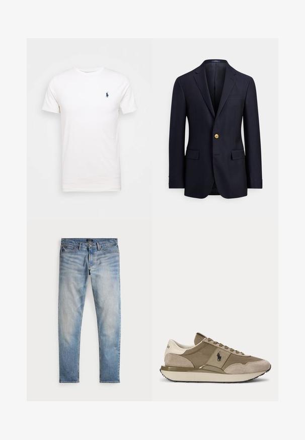 Marineblauwe blazer gemaakt van gladde stof, met twee voorzakken, inkeping revers en een sluiting met een gouden knoop. Ongevoerd interieur met een minimalistisch ontwerp.; Witte katoenen t-shirt met een ronde hals. Heeft een klein donkerblauw logo op de linkerborst. Korte mouwen, soepele textuur.; Lichtblauwe denim jeans met een vervaagde afwerking, vijfzakkenontwerp en contrasterende stiksels. Heeft een ritssluiting en riemlussen. Rechte snit.; Zijaanzicht van beige en bruine sneaker met suède accenten en Polo-logo aan de zijkant tegen een effen achtergrond.
