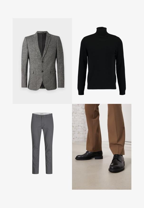 Lindbergh Veste de costume - black mix; Un pull à col roulé noir en matière tricotée douce. Il possède des manches longues, un col et un ourlet côtelés. Son design est simple et épuré, sans motifs.; Pantalon en coton gris à coupe droite, doté d'une fermeture à bouton à l'avant et de passants de ceinture. Texture lisse sans motifs ni accents visibles.; Chaussures en cuir noir avec une surface lisse et un bout arrondi, dotées d'un système de laçage et d'une semelle plate et basse. Associées à un pantalon marron.