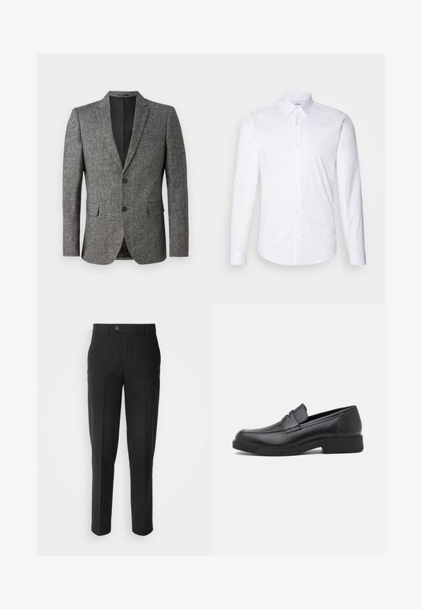 Lindbergh Americana - black mix; Camisa blanca de manga larga abotonada hecha de suave tela de algodón, con un cuello clásico, cierre de botones y dobladillo curvado.; Lindbergh Pantalones - black melange; Mocasín de cuero negro con punta redondeada y detalles de costura. Cuenta con una suela plana y un ligero tacón para mayor elevación.
