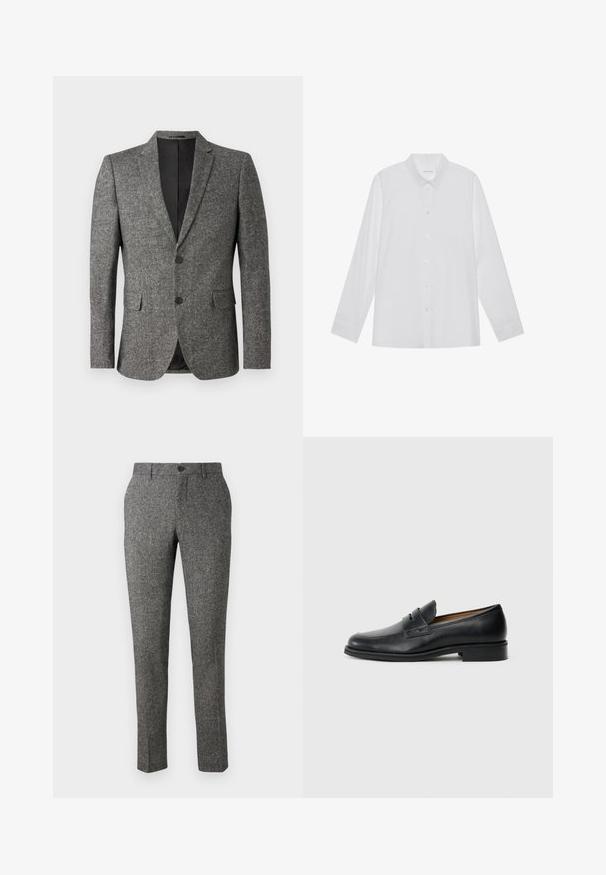 Lindbergh Blazerjasje - black mix; Witte blouse met lange mouwen van soepel stof, met een puntige kraag, voorkant met knoopsluiting en manchetten met één knoop.; Lindbergh PANTS - Broek - brown; Zwarte leren instappers met een ronde neus, voorzien van een frontstrapdetail en een lage, stevige hak. Gladde textuur en een slank ontwerp.