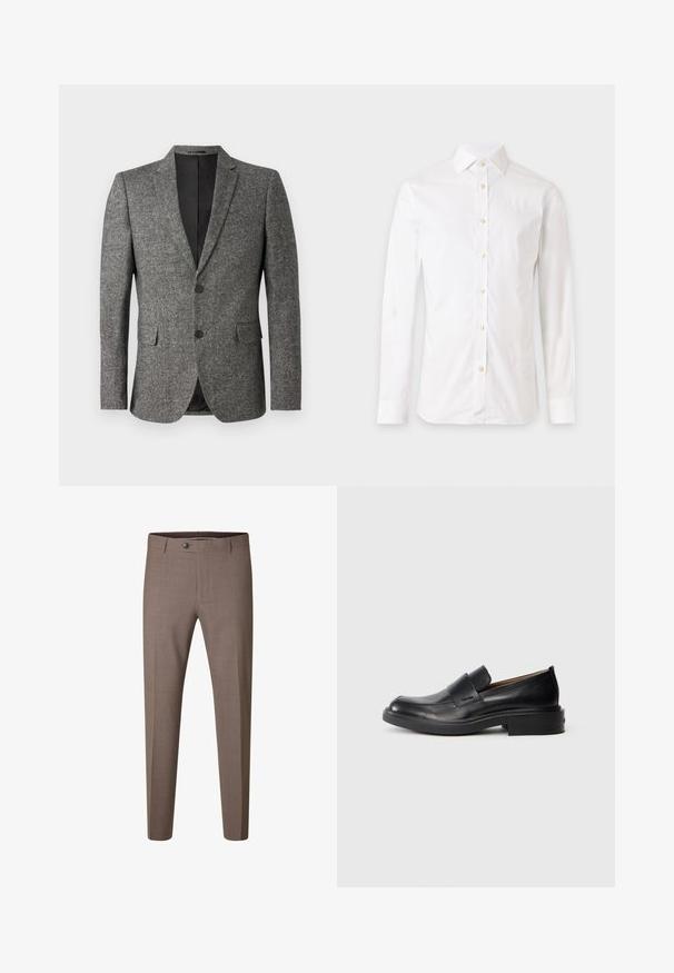 Lindbergh Americana - black mix; Camisa blanca de vestir de manga larga con botones y cuello, mostrada sobre un fondo claro y sencillo.; Pantalones formales marrones de corte ajustado con botón y trabillas, mostrados sobre un fondo blanco.; Zapato de vestir negro de cuero sin cordones con tacón bajo y un sutil logo de Calvin Klein en el lateral, mostrado en perfil sobre un fondo blanco.