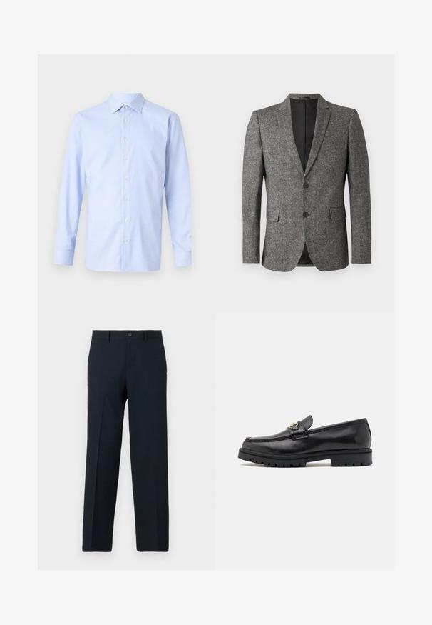 Lindbergh Blazerjasje - black mix; Lichtblauwe shirt met lange mouwen, voorzien van een geruit patroon, knoopsluiting aan de voorkant, puntige kraag en een subtiele textuur. Perfecte pasvorm met knoopmanchetten.; Zwarte slim-fit broek met knoop- en ritssluiting, ceintuurlussen en rechte pijp.; Zwarte leren instappers met een zachte afwerking, ronde neus, een decoratieve band met gouden hardware en een robuuste zwarte zool.