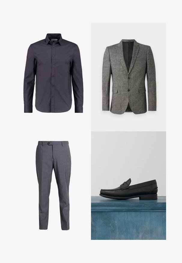 Lindbergh Blazere - black mix; Mørk navy blå langærmet skjorte lavet af glat bomuld, med knaplukning fortil, klassisk krave og en skræddersyet pasform.; Grå skræddersyede bukser lavet af et tekstureret stof, med en enkelt knaplukning, bæltestropper og et slim fit design.; Sorte læderloafers med rund tå, detaljeret syning og en lav, firkantet hæl. Glat tekstur og minimalistisk design.