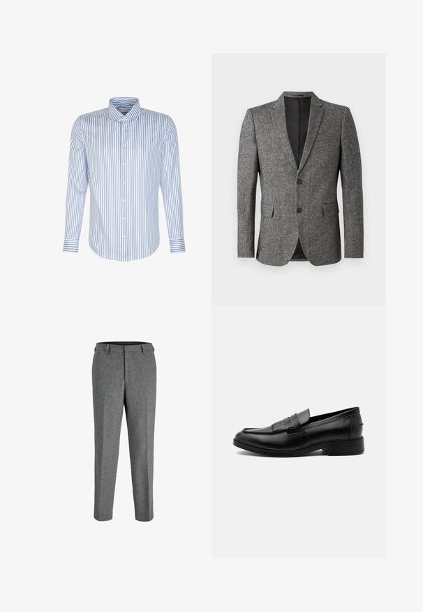 Lindbergh Blazerjasje - black mix; Heren overhemd met lange mouwen, lichtblauwe en witte strepen, knoopsluiting aan de voorkant, klassieke kraag, katoen stof, soepele textuur, gebogen zoom.; Grijze wollen mix broek met een rechte pasvorm, voorzien van een platte voorkant, riemlussen en een gestructureerde afwerking.; Zwarte leren herensloffen met kwastdetail, afgeronde neus, lage hak en glad gepolijst oppervlak, zij-aanzicht op een witte achtergrond.