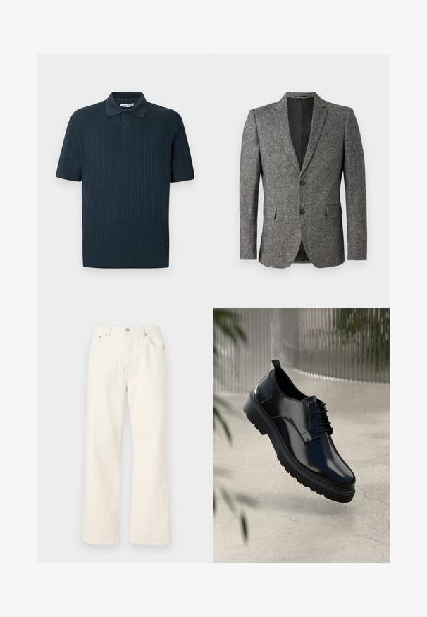Lindbergh Americana - black mix; Polo de manga corta azul marino con textura acanalada, con cuello de solapa y tapeta de tres botones.; Jeans de pierna ancha color crema, confeccionados en denim, que cuentan con un diseño estándar de cinco bolsillos y un cierre de botón metálico en la cintura.; Zapato de cuero negro con un acabado brillante, puntera redonda, diseño de cordones, costuras de contraste y una suela de goma gruesa con patrones de tracción.
