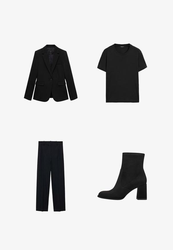 Schwarzer Blazer aus gewebtem Stoff mit Reverskragen, Ein-Knopf-Verschluss, zwei Fronttaschen und einer Brusttasche.; Schwarzes T-Shirt mit kurzen Ärmeln und Rundhalsausschnitt, gerippter Kragen und kleinem Markenlabel innen am Halsausschnitt.; Schwarze Nadelstreifen-Hosen mit geradem Bein, aus einem glatten Stoff gefertigt. Mit einem flachen Bund mit Gürtelschlaufen und Vorderfalten.; Schwarze Knöchelstiefel mit Blockabsatz, aus weichem Wildleder. Mit einer abgerundeten Zehe und glatten Seitenpaneelen mit detaillierter Naht.