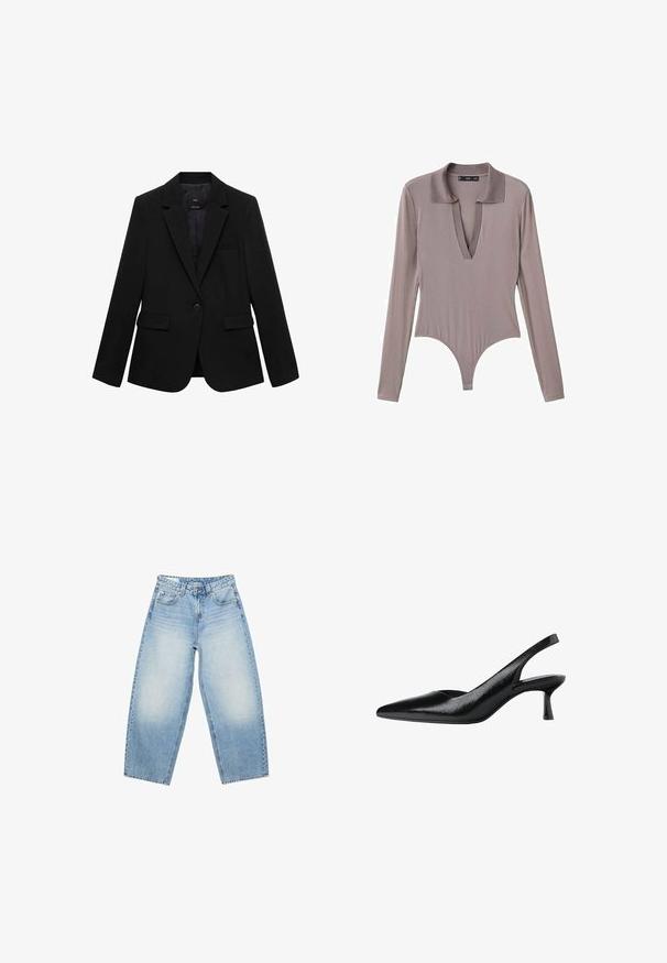 Sort blazer lavet af vævet stof med en reverskrave, enkeltknapslukning, to frontlommer og en brystlomme.; Langærmet dragt i let taupe ribbet stof, med dyb V-hals og klassisk krave samt snørebund. Glat tekstur, tætsiddende design.; Højtaljede, lyseblå vidde jeans med frontlommer, bæltestropper og falmede områder på lårene.; Sorte slingback pumps med spids tå, lavet af tekstureret syntetisk materiale, med en slank hæl og et åbent sides_design.