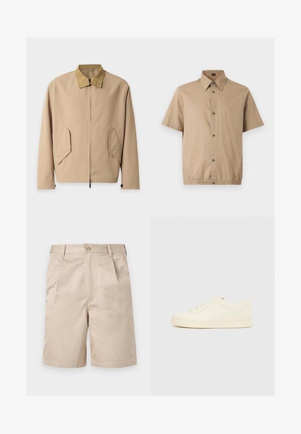 Veste marron clair zippée avec col en velours côtelé beige et poches à rabat inclinées sur le devant, manches longues avec poignets boutonnés.; Chemise beige à manches courtes, boutonnée, col pointu, cinq boutons sur le devant et un détail subtil avec un ourlet élastique.; Short beige longueur genou avec fermeture avant bouton et zip, passants pour ceinture et poches latérales.; Baskets couleur crème avec une tige en cuir lisse, bout arrondi, laçage à l'avant et semelle en caoutchouc texturée. Design minimaliste, sans logo.