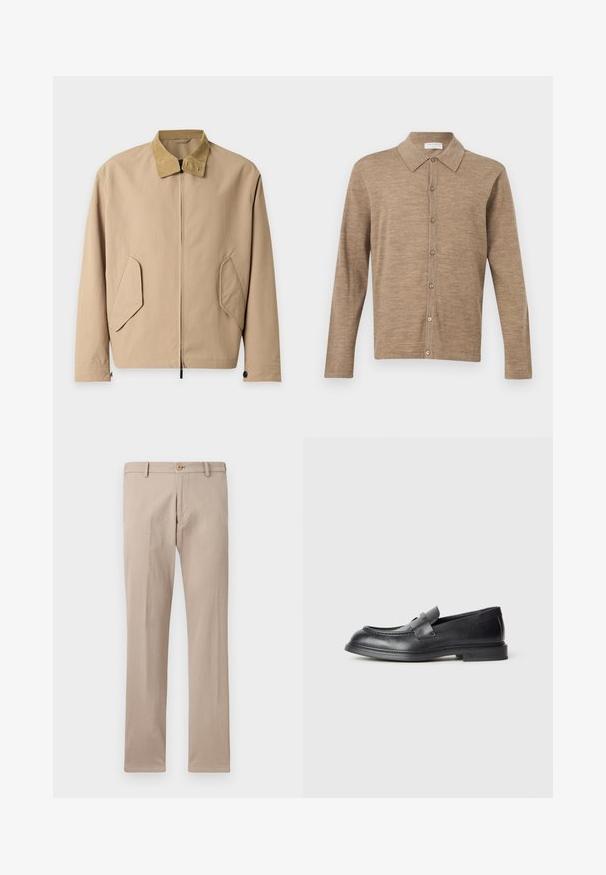 Veste marron clair zippée avec col en velours côtelé beige et poches à rabat inclinées sur le devant, manches longues avec poignets boutonnés.; Cardigan beige à manches longues avec boutons et col, en tissu tricoté doux, présenté sur un fond blanc uni.; Pantalon beige à jambes droites avec passants pour ceinture, fermeture avant par bouton, et poches, présenté sur un fond blanc uni.; Mocassins en cuir noir avec une finition texturée, dotés d'une bride décorative à l'avant et d'un bout arrondi. Semelle en caoutchouc pour plus de durabilité.