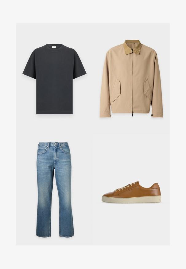 Veste marron clair zippée avec col en velours côtelé beige et poches à rabat inclinées sur le devant, manches longues avec poignets boutonnés.; T-shirt noir à manches courtes avec col rond et ourlet droit, présenté à plat sur un fond gris clair.; Jean en denim bleu à coupe droite, bouton et fermeture éclair à l'avant, poches avant visibles.; Baskets basses en cuir marron avec lacets crème et semelle épaisse en caoutchouc crème, vues de profil sur fond blanc.
