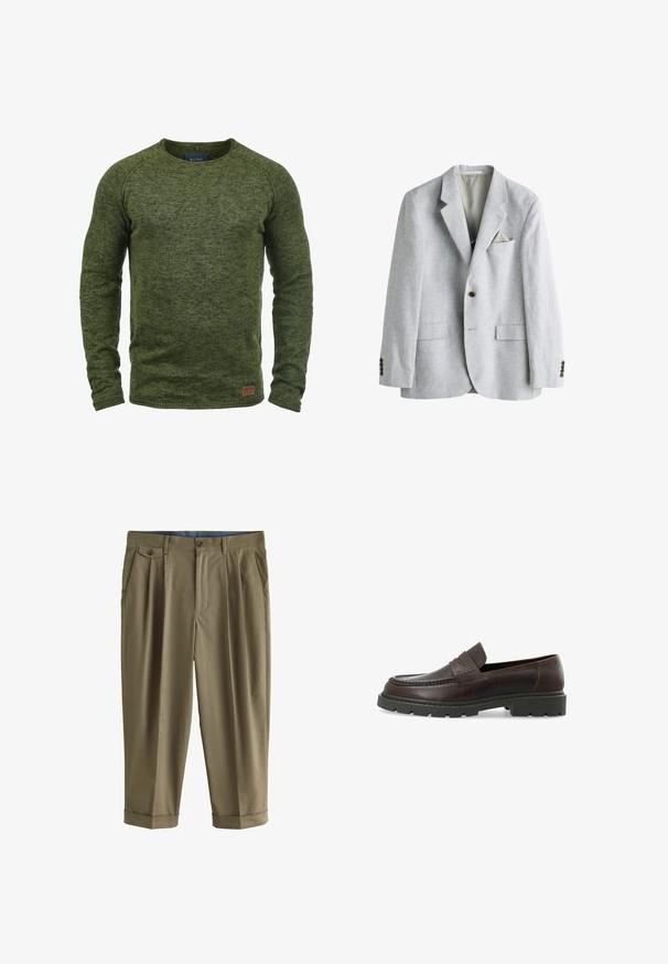 Lysegrå enkeltpuret blazer med hakkede reverser, enkelt knaplukning, to klaplommer og et lommetørklæde i brystlommen.; Grøn sweater lavet af struktureret strikstof, med rund hals, lange ærmer og et lille brunt logo-patch på den nederste front.; Herre olivengrønne korte bukser med frontfolder, opbukket kant, sidelommer og knaplukket klaplomme over venstre hofte.; Mørkebrune læderloafers med en struktureret overflade, rund tå og en chunky sort gummisål. Har en dekorativ syet detalje.