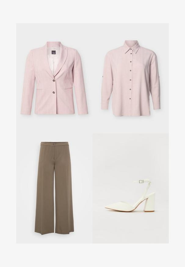 Hellrosa taillierter Blazer mit zwei Knöpfen, Stehkragen, langen Ärmeln und vorderen Leistentaschen auf weißem Hintergrund.; Hellrosa langärmliges Hemd mit Knopfleiste, klassischem Kragen und sichtbaren Knöpfen an der Vorderseite vor weißem Hintergrund.; Weite Hosen aus einem einfarbigen braunen Stoff, mit einem Knopfverschluss, flachem Vorderteil und glatter Textur, entworfen für eine lockere Passform.; Weißer sandal mit Absatz und spitzem Zehenbereich, verstellbarem Knöchelriemen und chunky quadratischem Absatz. Glatte Textur mit minimalen Nähdetails.
