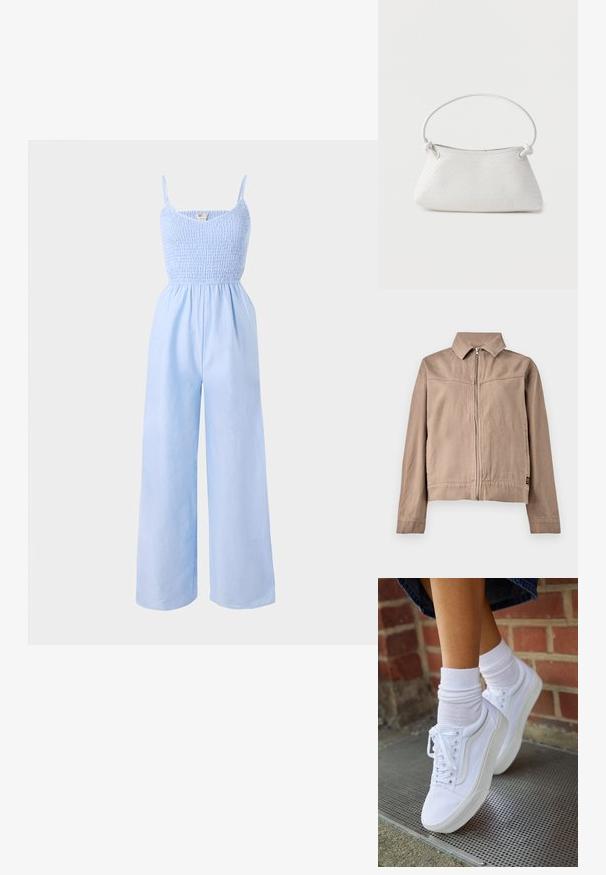 Tan bomuldsjakke med krave, frontal lynlås og lange ærmer. Har et struktureret stof og et lille logo-tag i sømmen.; Lysblå jumpsuit lavet af blødt stof, med et smocked bodice, tynde stropper og vide ben for en løs pasform.; Hvide lærreds sneakers med gummisåler, der har seks snørehuller, rund tå og let sømdetaljer, krydret med hvide ankelstrømper.; Hvid fletlæderhåndtaske med afrundet håndtag og ender på remmen, der er knyttet, vist mod en ensfarvet baggrund.