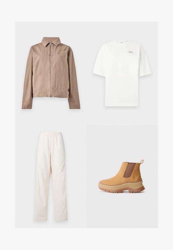 Tan bomuldsjakke med krave, frontal lynlås og lange ærmer. Har et struktureret stof og et lille logo-tag i sømmen.; Hvid oversized kortærmet t-shirt med lille guld "Just Do It" logo på øverste venstre bryst mod en ensfarvet baggrund.; Løse, cremefarvede bukser med elastisk talje og lige ben, vist mod en ensfarvet hvid baggrund.; Brune læder ankelstøvle med elastiske sidepaneler, afrundet tå og tyk gummisål med dyb profil; har en trækstrop bag på hælen.