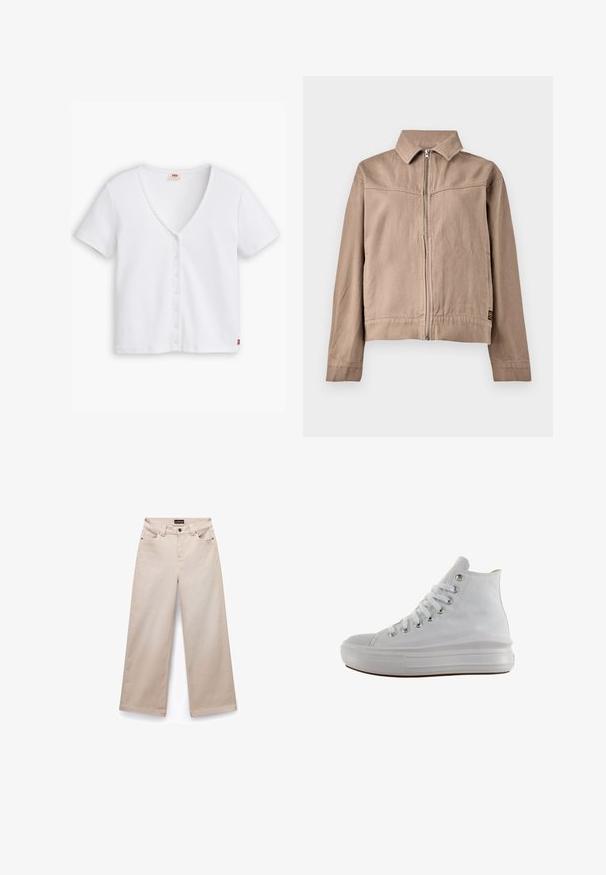 Veste en coton beige avec col, fermeture éclair sur le devant et manches longues. Présente un tissu texturé et une petite étiquette avec logo à l'ourlet.; Haut blanc à rayures, à manches courtes et décolleté en V profond, avec une rangée de six boutons sur le devant et un petit logo rouge sur l'ourlet.; Pantalons larges beiges en coton avec une texture douce. Comprend cinq poches, des passants de ceinture et des finitions en métal argenté à l'avant.; Baskets montantes en toile blanche avec lacets blancs, œillets métalliques, semelle épaisse en caoutchouc et bout texturé, orientées vers la gauche sur fond blanc.