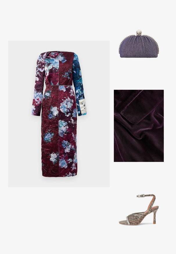 Tissu en velours violet avec une texture douce et lisse. Présente un bord replié et un subtil éclat, mettant en valeur une richesse de couleur et une sensation luxueuse.; Robe à manches longues avec motif floral en bourgogne et bleu. Matériau texturé, coupe droite et léger éclat. Présente un accent de label sur le côté.; Sandale à talon haut avec de fines lanières scintillantes, une bride de cheville avec une boucle en strass et une semelle texturée dans des tons neutres.; Petit sac pochette violet pour soirée avec bordure argentée et fermeture à boucle en perle sur le dessus.