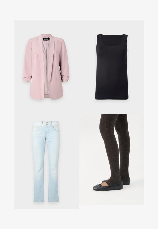 Lichtroze blazer gemaakt van een soepel materiaal, met een sjaalkraag, opgerolde mouwen en verticale inzetten aan de voorkant. De binnenzijde is gevoerd in een bijpassende kleur.; Zwarte mouwloze tanktop met een vierkante halslijn, gemaakt van gladde stof, met een slim fit ontwerp en schone randen, zonder zichtbare patronen of accenten.; Lichtblauwe flared jeans, gemaakt van denim, beschikken over een twee-knops sluiting, vijf zakken en subtiele vervaagde details door de stof heen.; Benen met donkere geribbelde leggings gecombineerd met zwarte ballerina's met kleine strikdetails op een witte achtergrond.